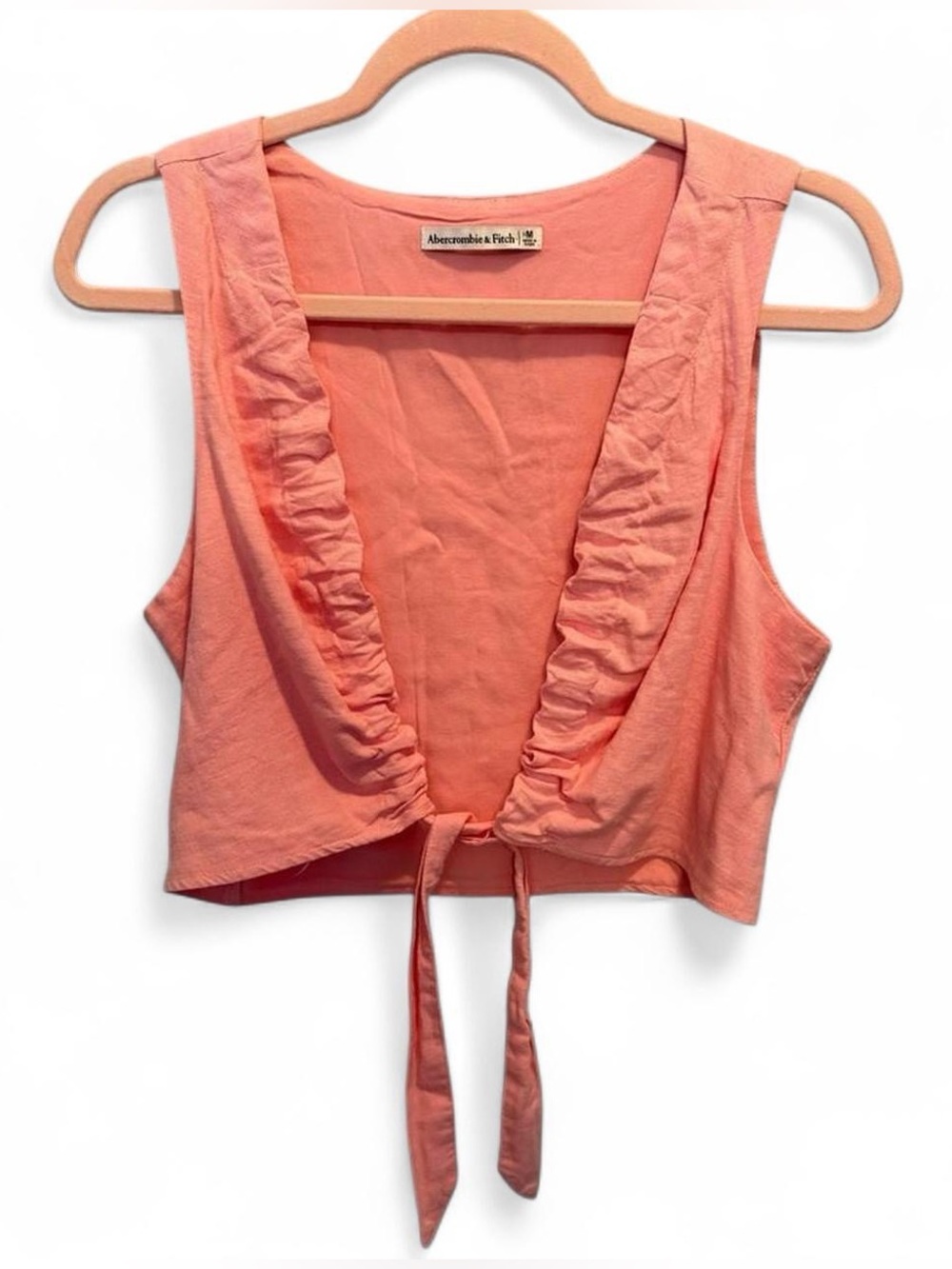 Abercrombie & Fitch Coral Ruffle Tie Front Linen Y2K Boho Crop Top